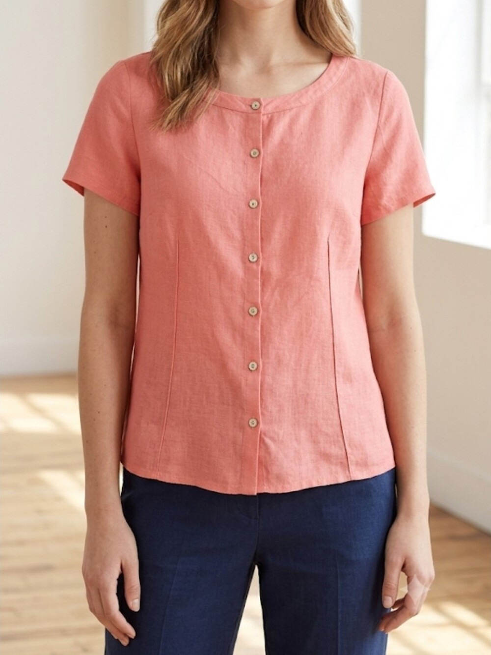 EILEEN FISHER 100% Irish Linen Top Size Medium  Short Sleeve Button-Down Coral